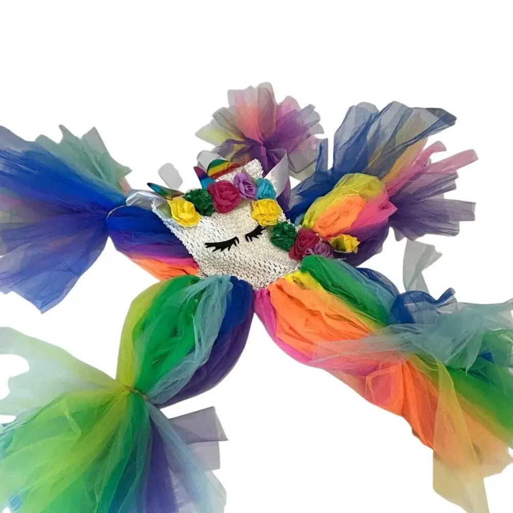 LED Tutu Dreams Unicorn dress Crochet bodice colorful flowers and rainbow tulle